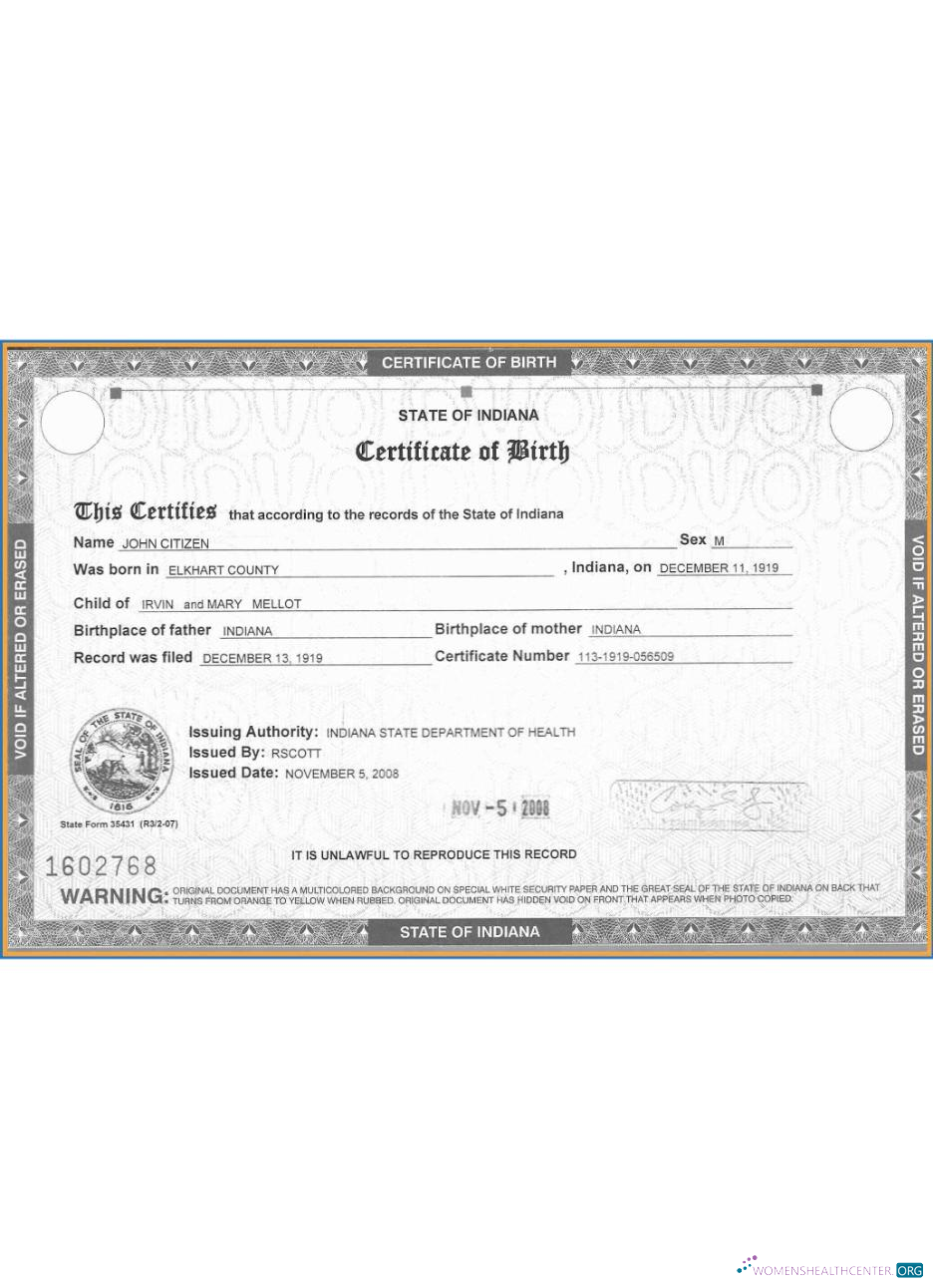 Download USA Indiana certificate of birth Photoshop template